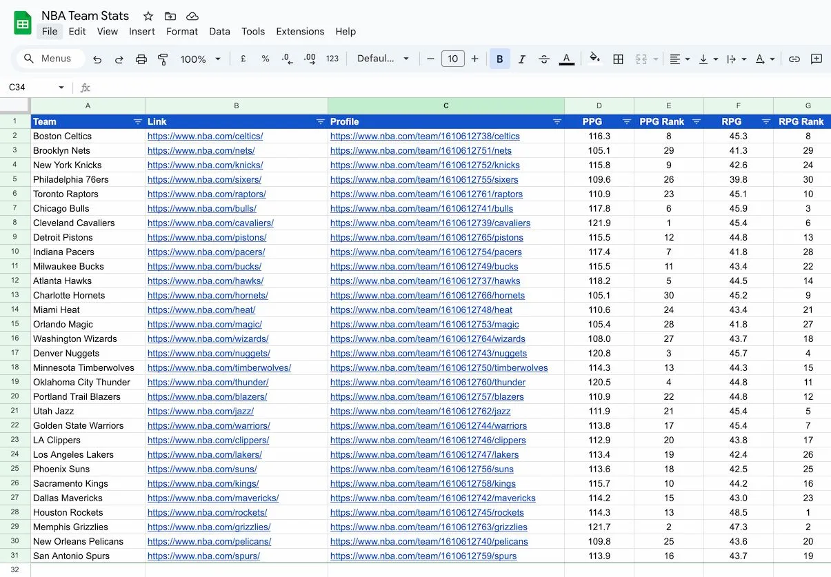 Google Sheets setup with full NBA team data and stats
