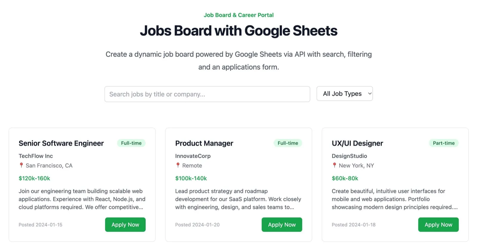 Job Board template showing job listings with search filters and categories