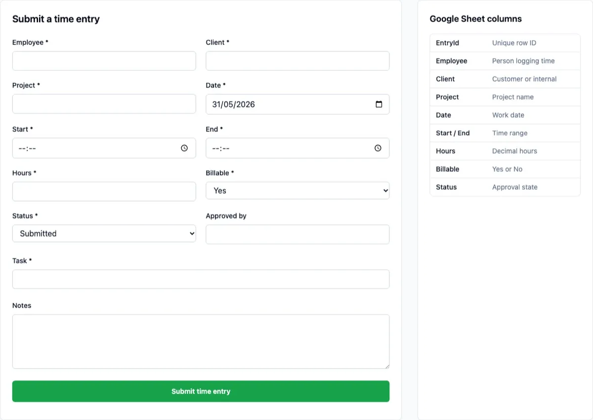 Timesheets template showing hours, billable work, approvals, filters, and a spreadsheet-backed table